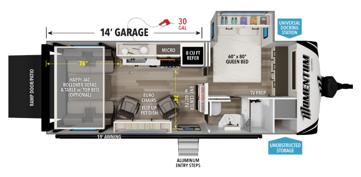 floor plan layout of Timberline travel trailer showing 14-foot garage, sleeping areas, and kitchen configuration
