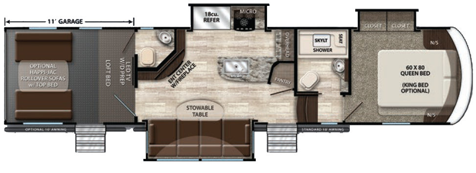 Floor plan diagram of Momentum M-Class RV showing 11-foot garage, kitchen, bedroom with optional king bed, and bathroom layout