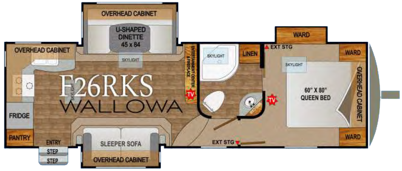 F26RKS Wallowa floor plan layout showing U-shaped dinette, queen bed, sleeper sofa, kitchen, bathroom, and storage areas
