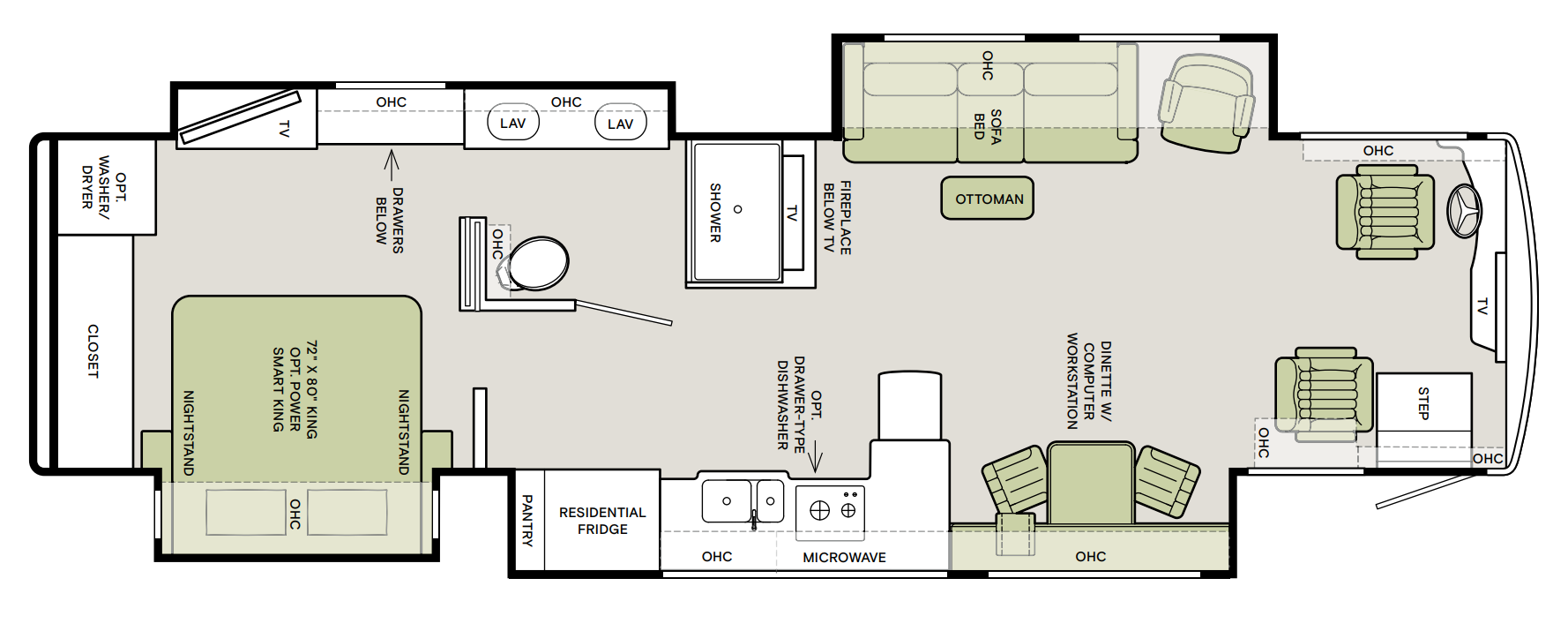 Detailed interior floor plan of large Momentum M-Class travel trailer displaying living areas, bedroom with bunk beds, kitchen, and multiple storage spaces